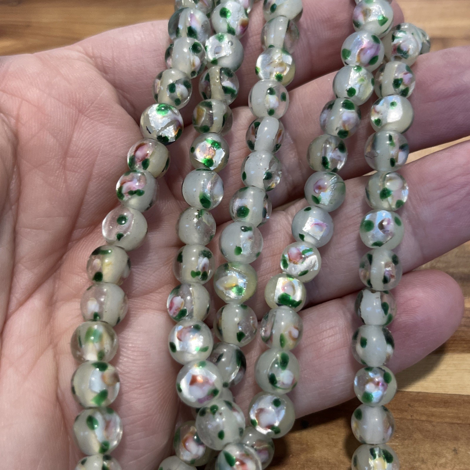 8in Strand Vintage 6mm Lampwork Foil Glass Beads White Pink Green 8in Strand
