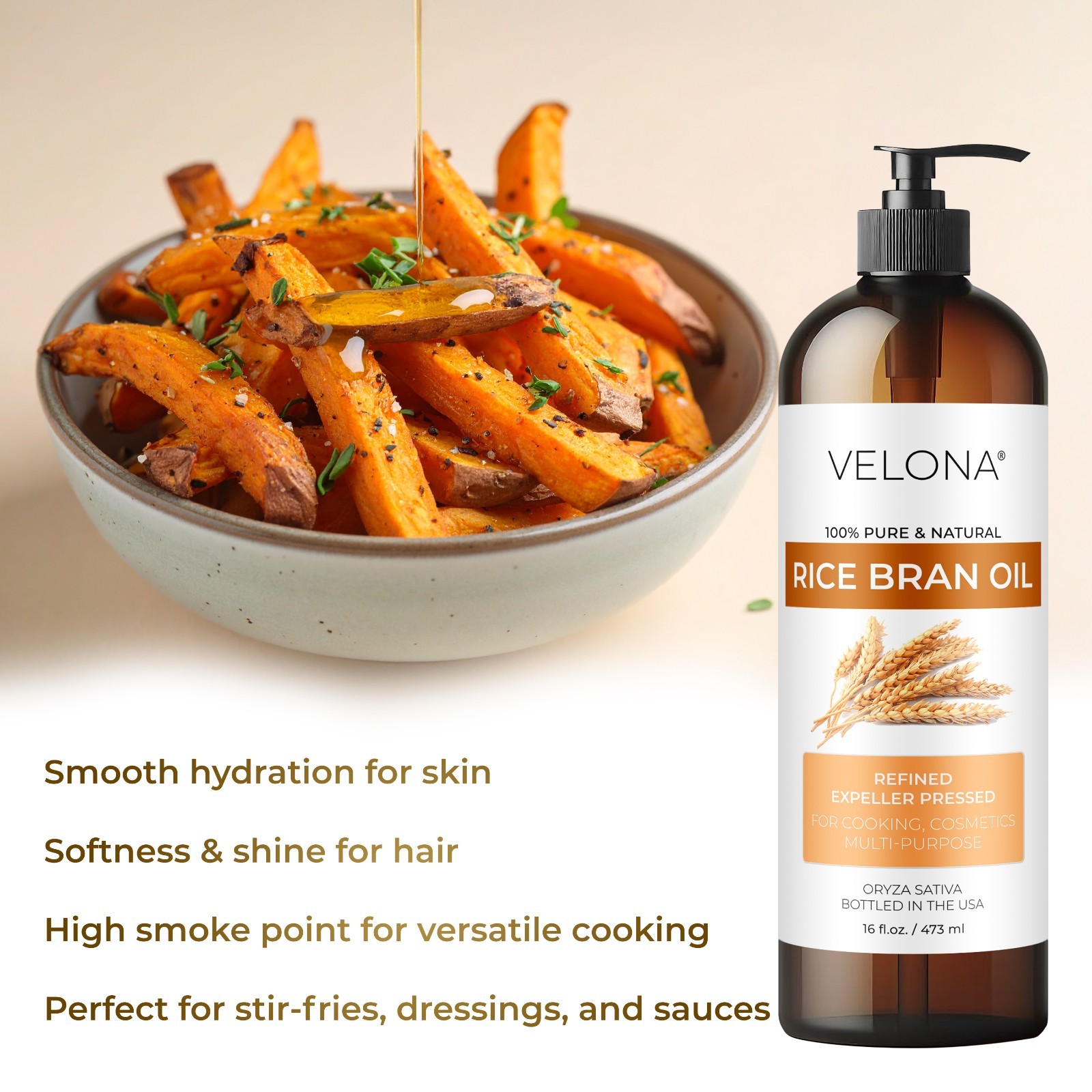 Rice Bran Oil by Velona – 16 Fl Oz Refined, Cold Pressed, Cooking Hair Body