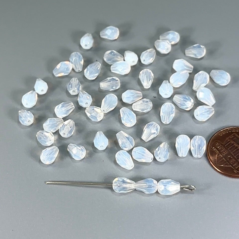 Czech Glass Pear Shaped Fire Polished Beads 7x5mm White Opal Tear Drops, 50pcs