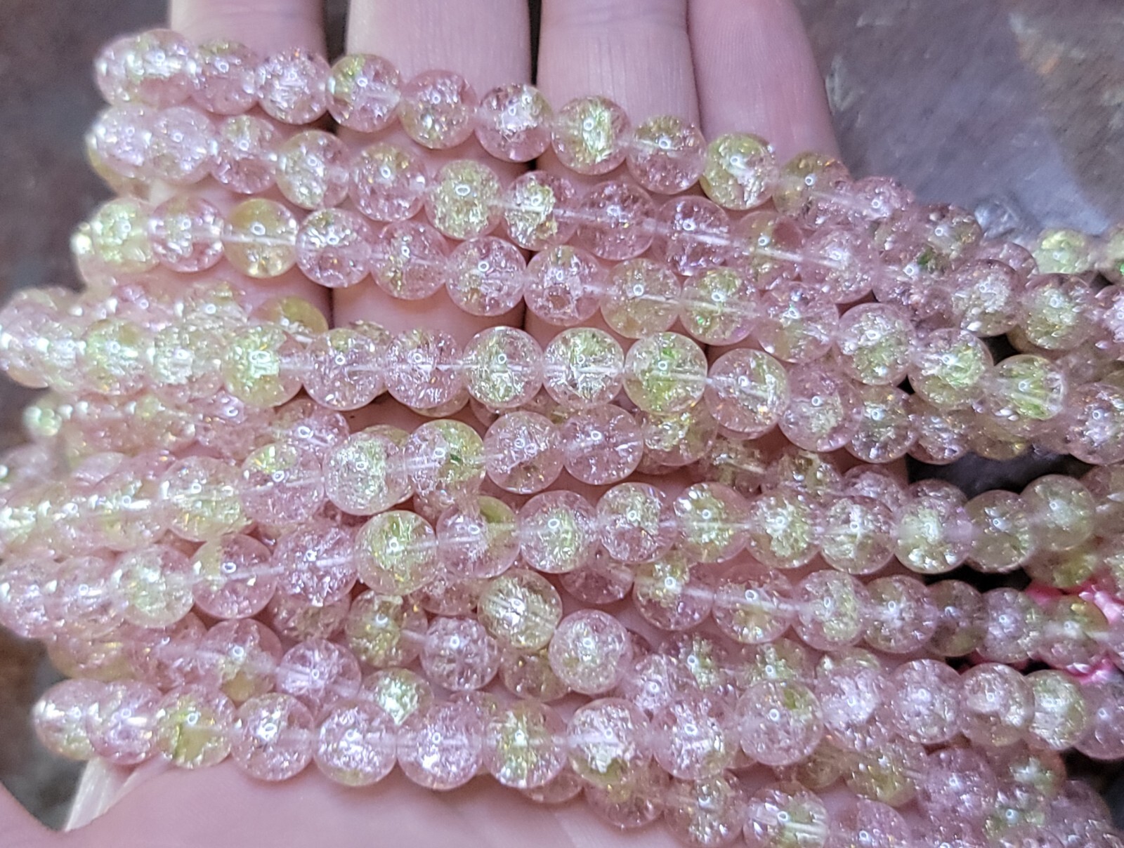 Pink Crackle Uranium Glass Beads 8mm Czech 10pcs