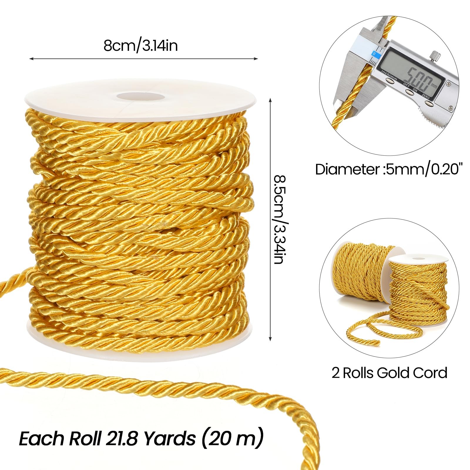 2 Rolls Gold Rope Ribbon, 5mm 21.8 yards (20 meters) long, diameter,