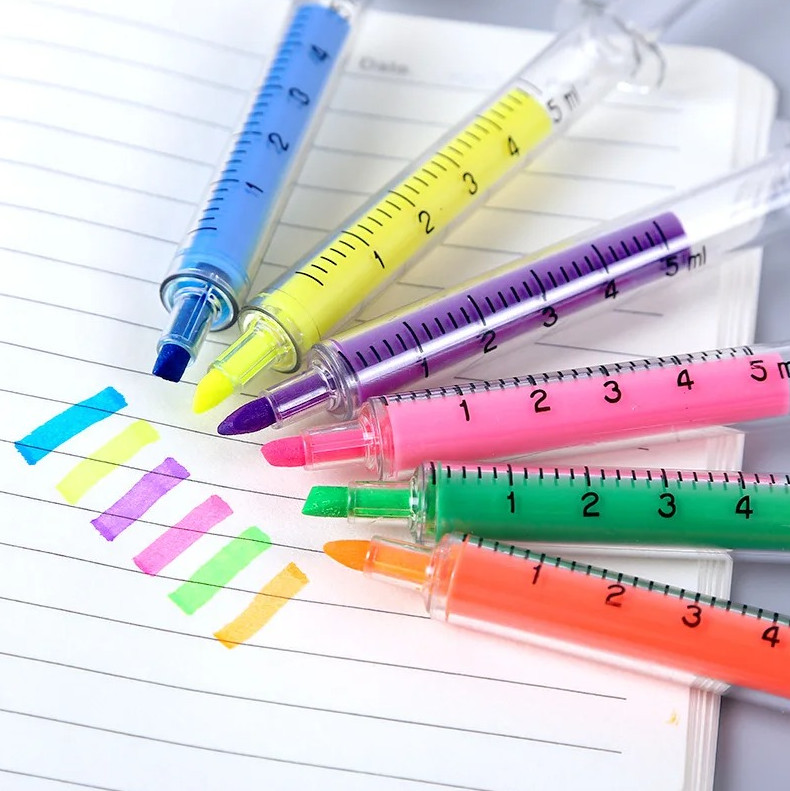 6pcs Kawaii Syringe Highlighter Pens Needle Shape Color Marker Set