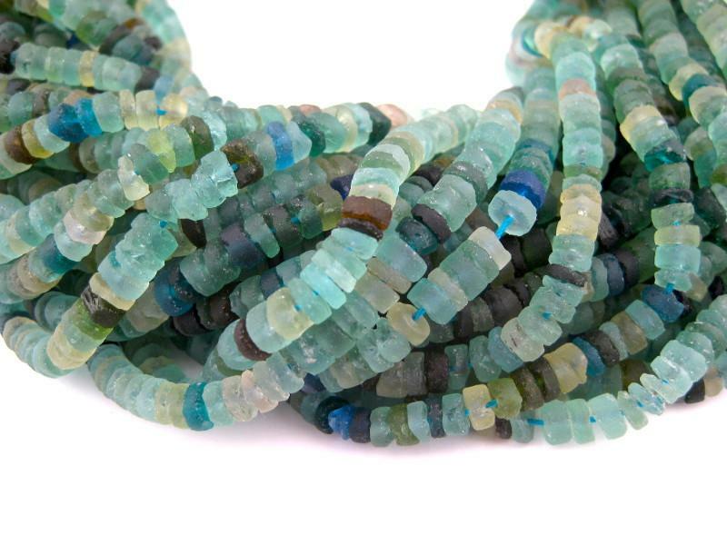 Roman Glass Cylinder Heishi Beads 5mm Afghanistan Green 15 Inch Strand beads