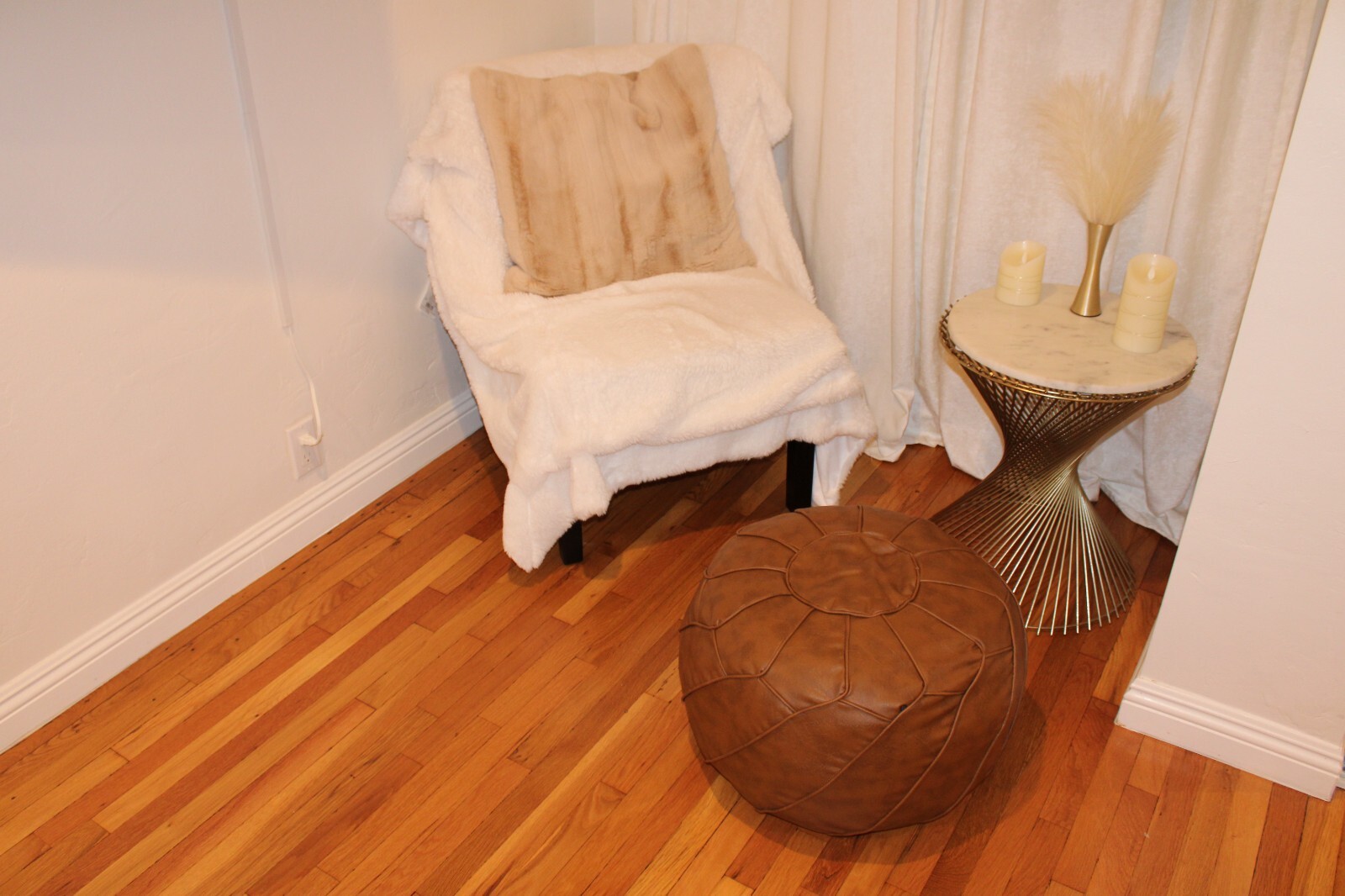 Amina Modern Natural Leather Moroccan Pouf and Ottoman – Filled and Stuffed