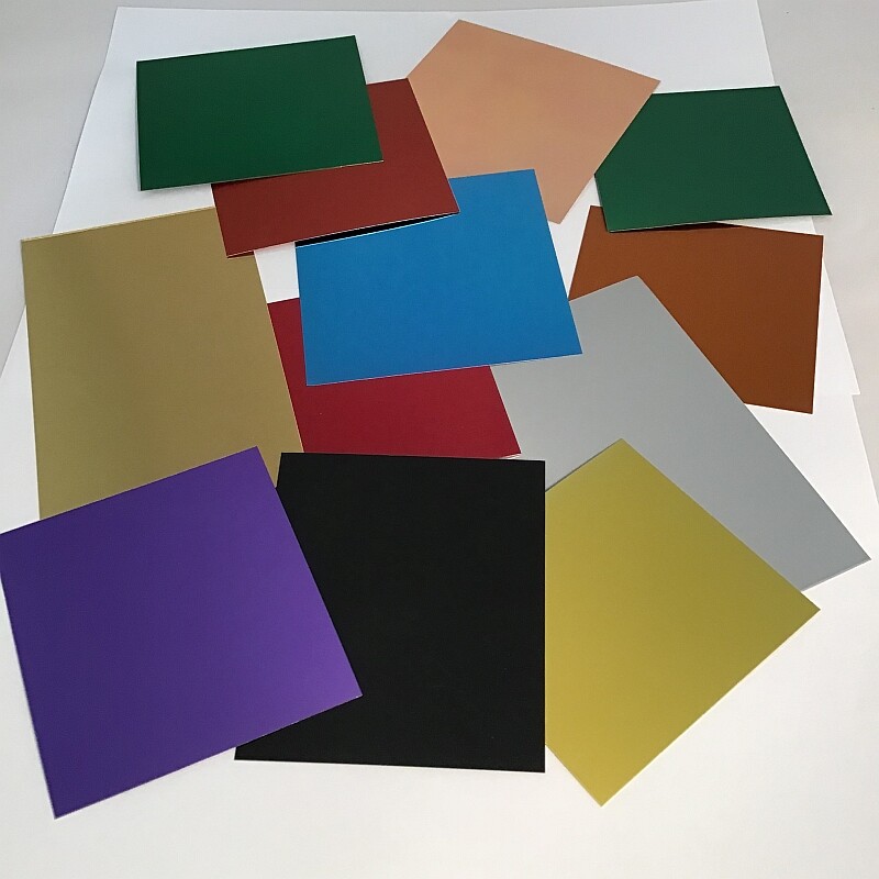 12 ANODIZED ALUMINUM SHEETS/ASSORTED COLORS AND SIZES/.008″ & .003″ 1145 ALLOY H