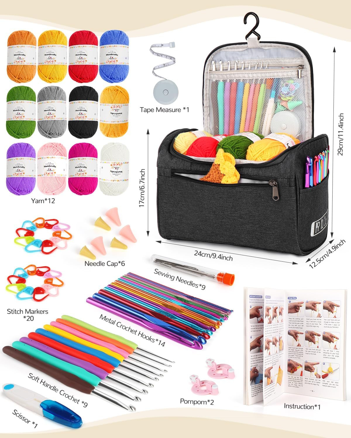 Beginner Crochet Kit for All Ages with 23 Hooks, Yarn, Accessories, and Guide