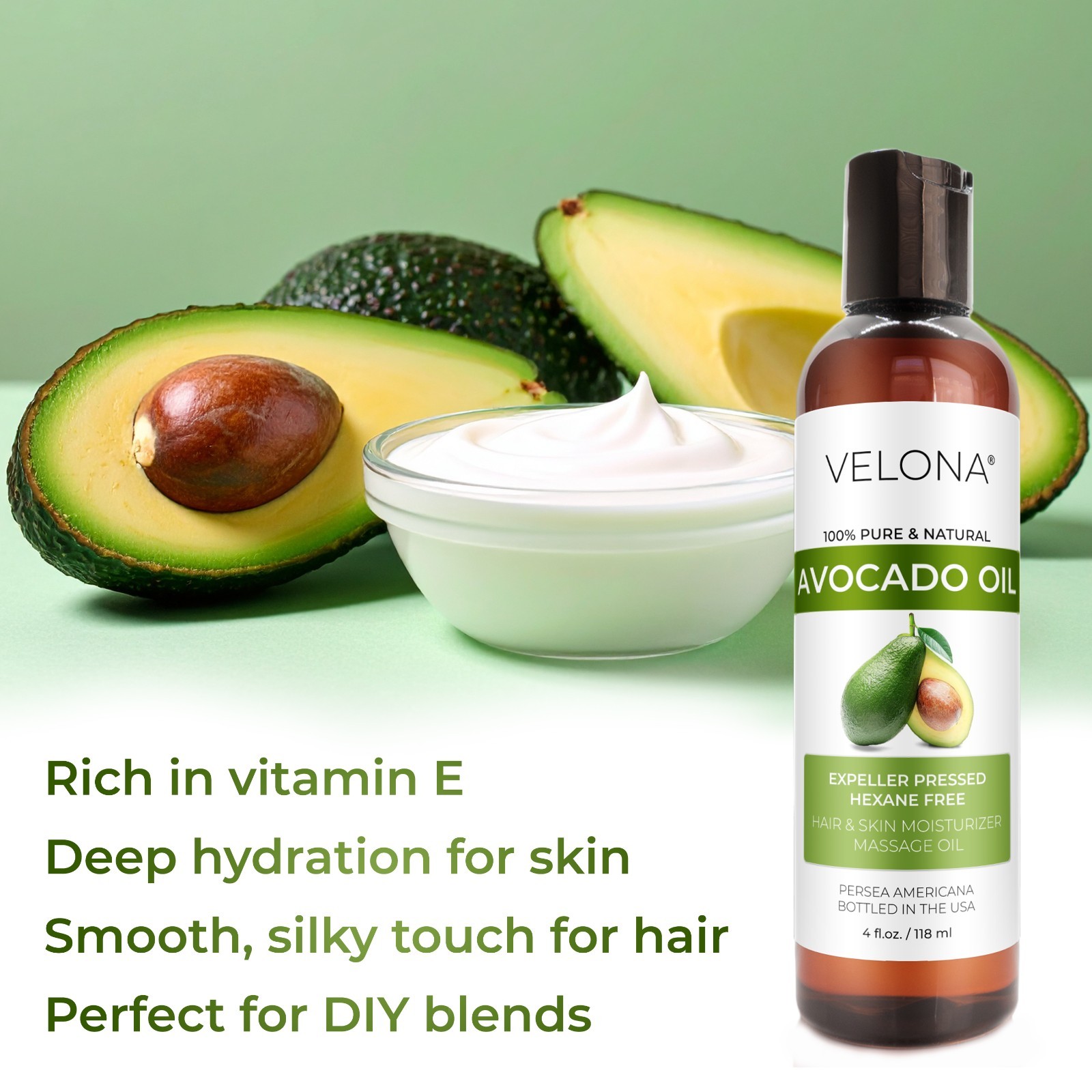 Avocado Oil by Velona – 4 oz, Refined, Cold Pressed, Hair Body and Skin Care
