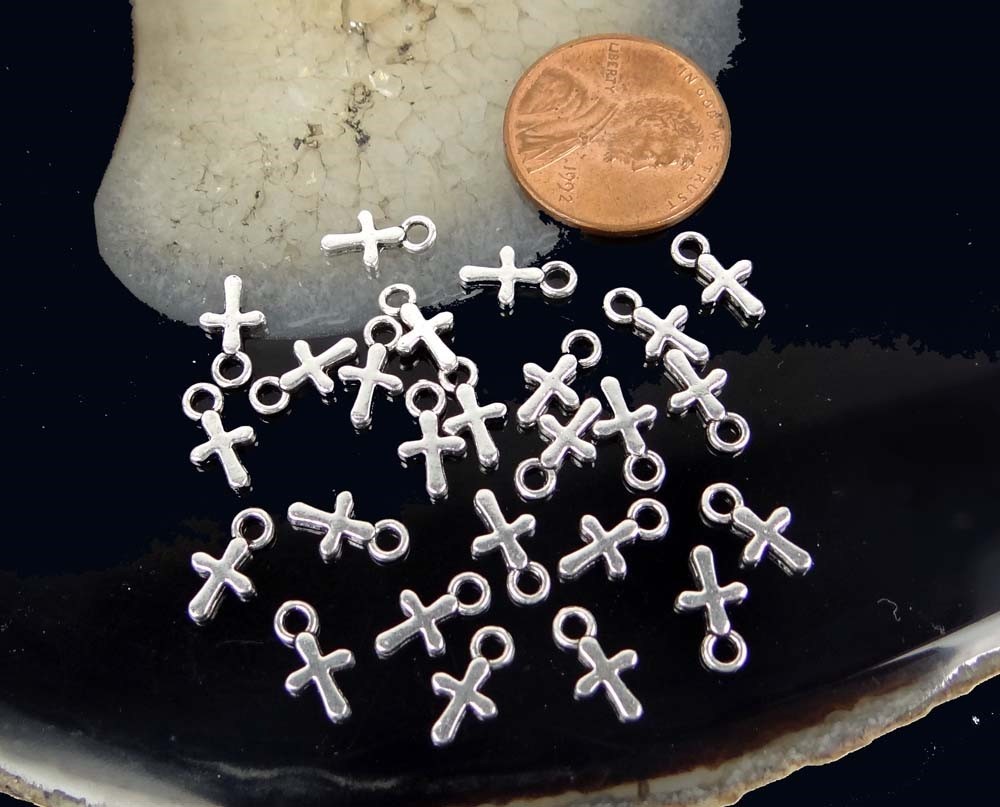 25 Tiny Cross Charms Pendant Antique Silver Pewter 9x5mm