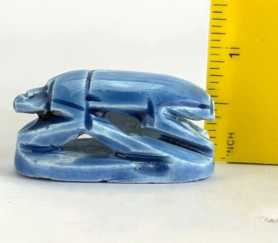 (Lot of 2) Vintage Egyptian Carved Scarab Amulet Beads 2 in Glazed Ceramic Blue