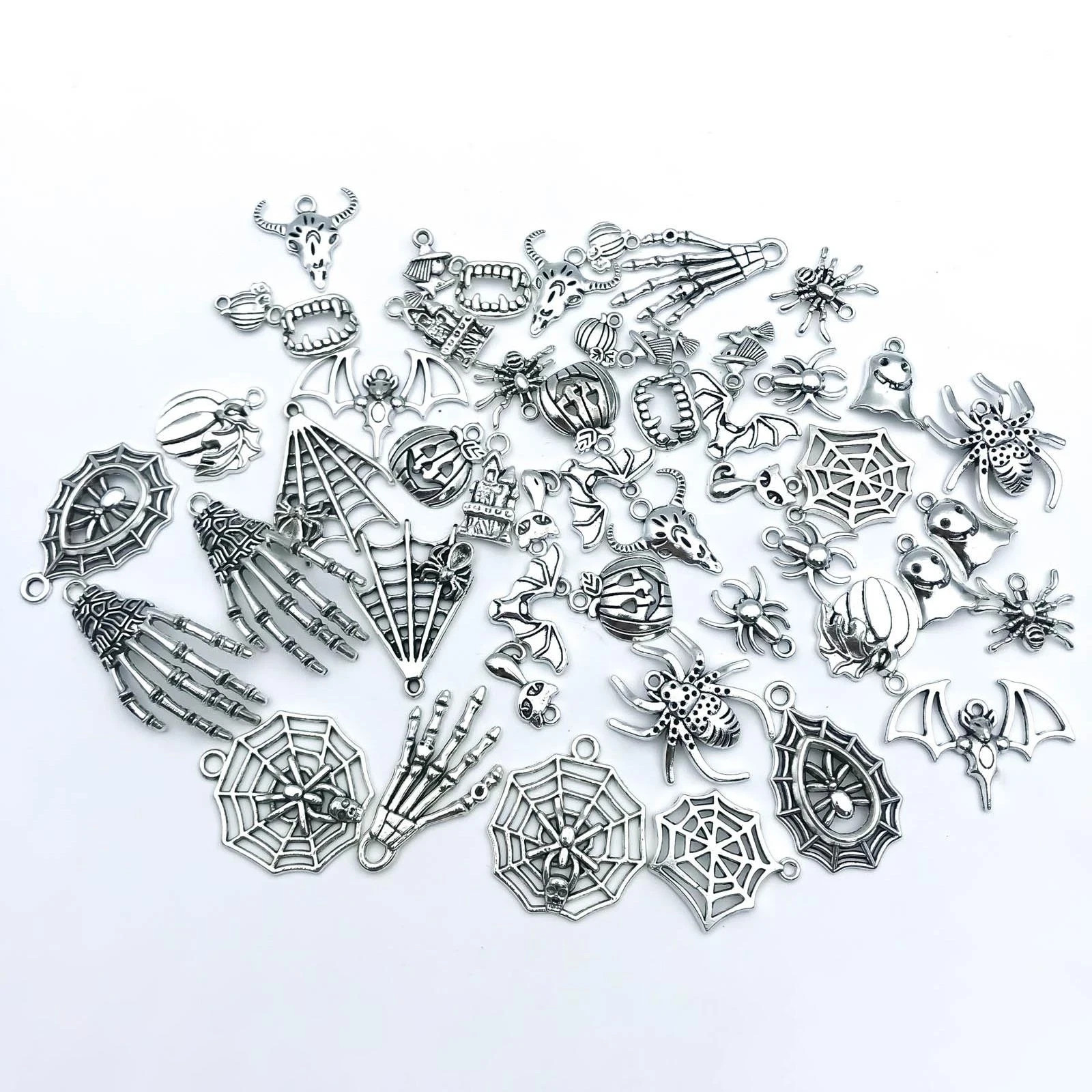 Halloween Charms 50pcs Silver Zinc Alloy Diy Jewelry Making Kit Pendants Bulk Se