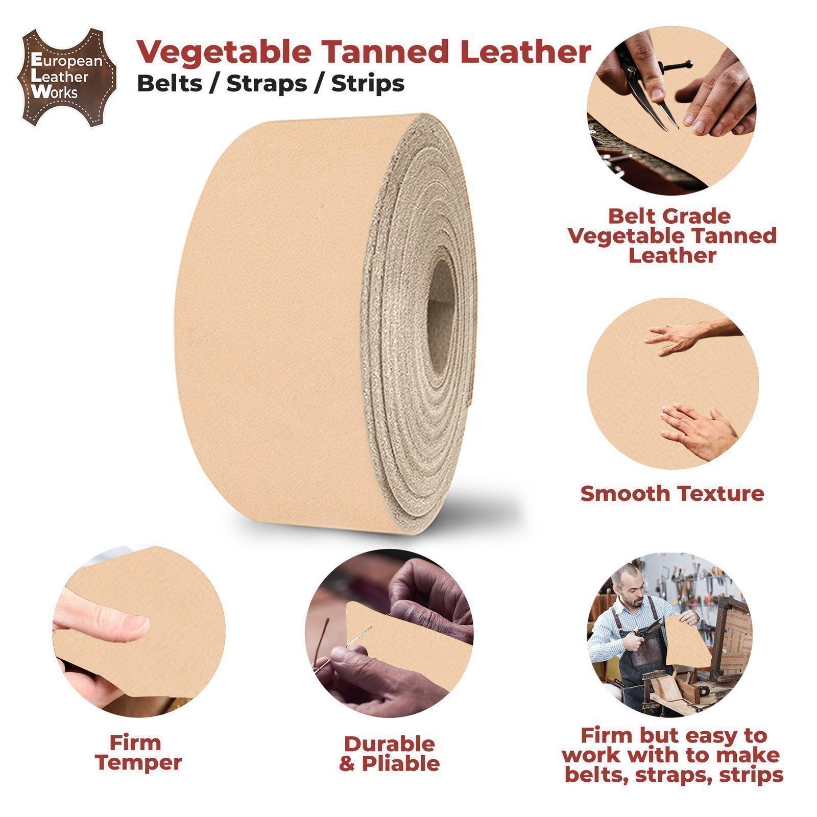 ELW Leather Blank Belt – 8-9 to 13-15 oz Thickness Cowhide Vegetable Tanned