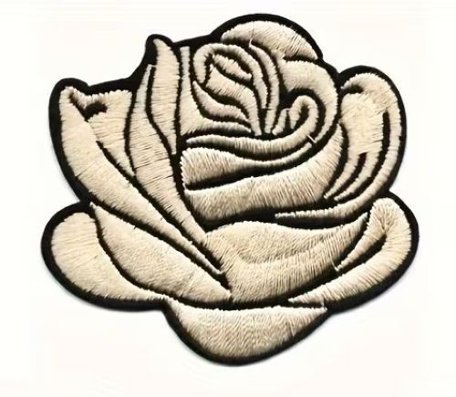 IRON ON PATCH APPLIQUE – beige/black Rose Flower 2+5/8 x 2+1/4 inch