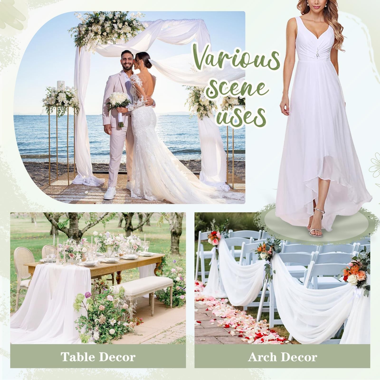 5 Yards White Chiffon Sheer Fabric 58 Inch Wedding Draping Skirt Backdrop