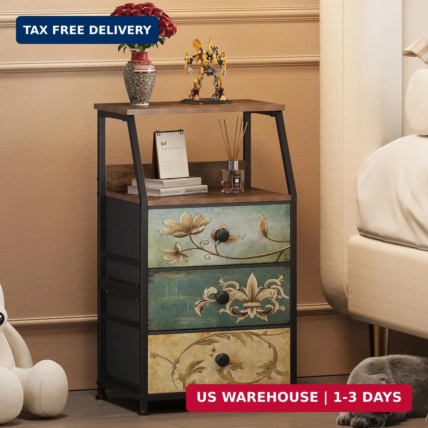 Dresser with Fabric Drawers Nightstand with 2 Tier Shelf Storage Tower