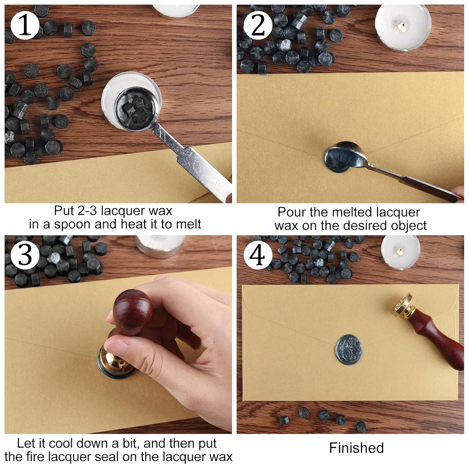 500 Pcs Black Octagon Sealing Wax Beads Kit with Melting Spoon 4 Tea Candles….