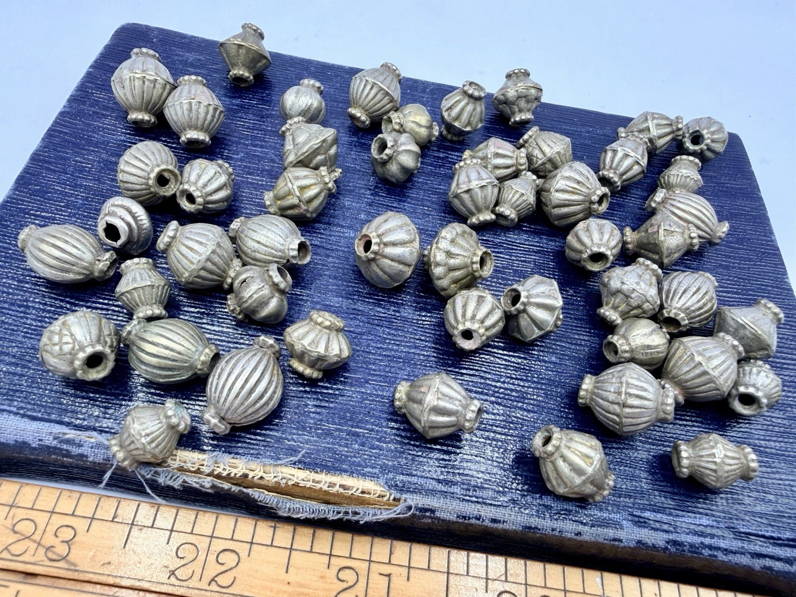 50 Pcs Vintage Silver Tone Melon Oval Beads Artisan Estate Jewelry Making Lot RD