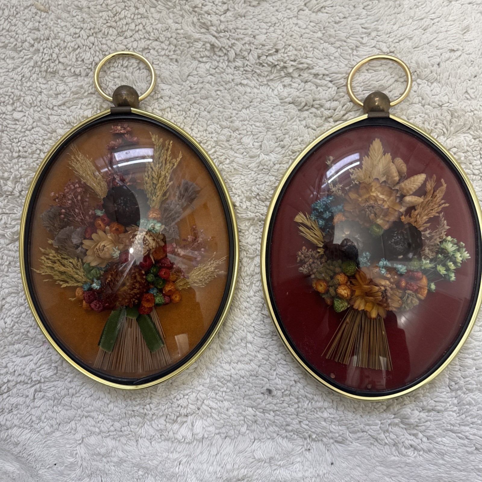 2 Vintage CideArt Convex Domed Oval Wall Art Dried Flowers 8.5″ X 6.5” MCM