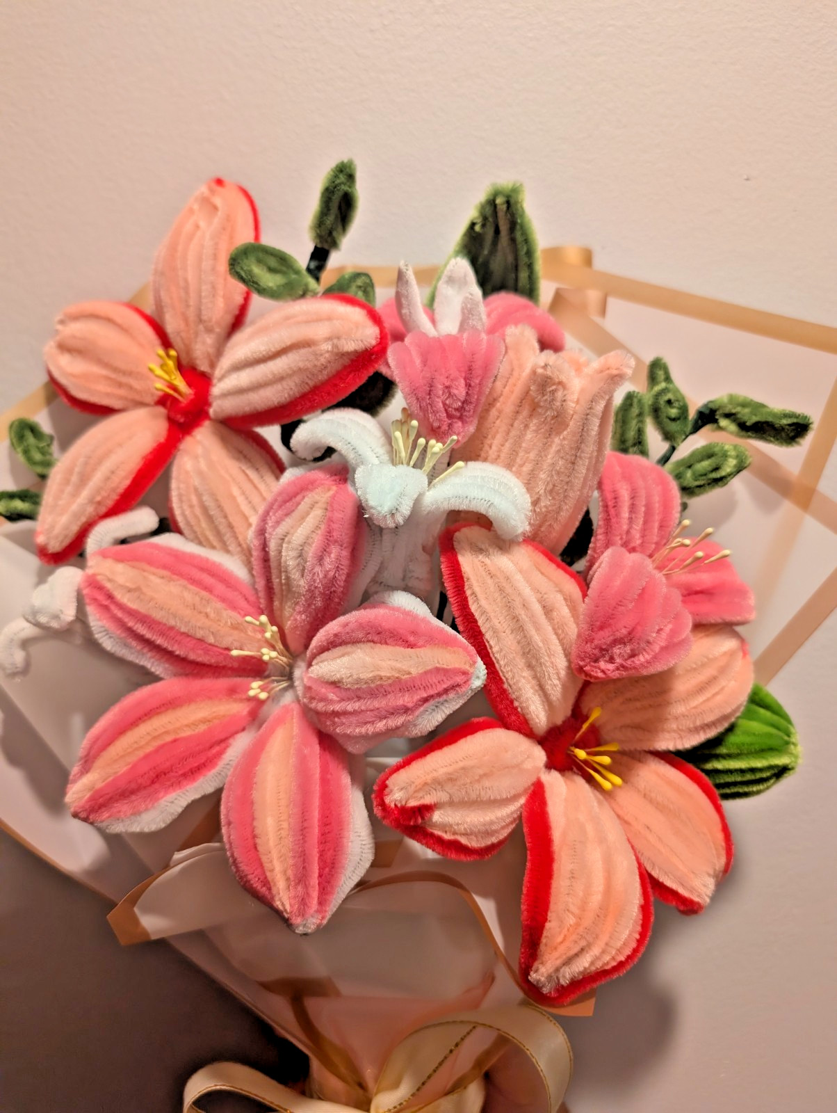 Handmade Lily pipe cleaner Flower Bundle Bouquet, Pink and White Great For Gift