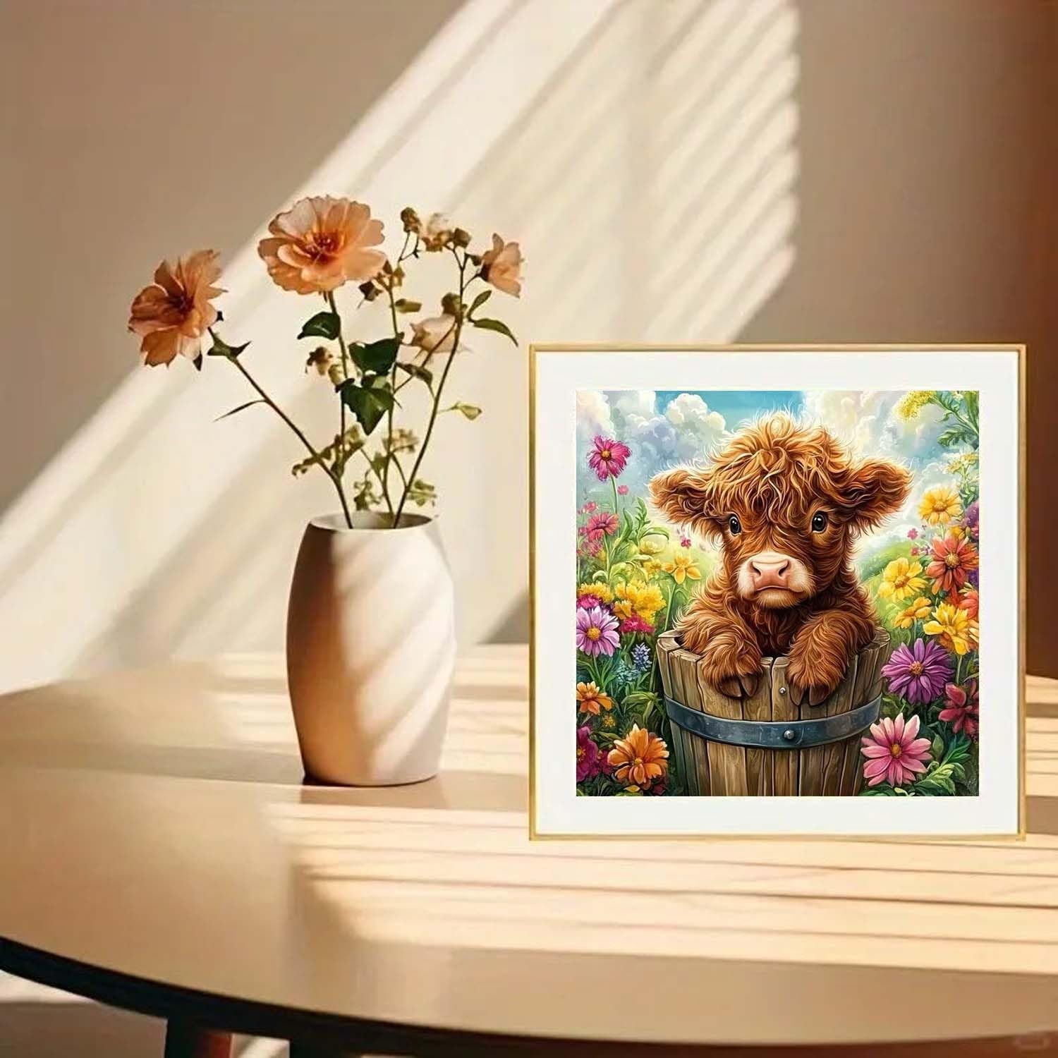 Highland Cow Diamond Art Kits for Adults, 5D Diamond Painting Kits Flower,DIY Fu