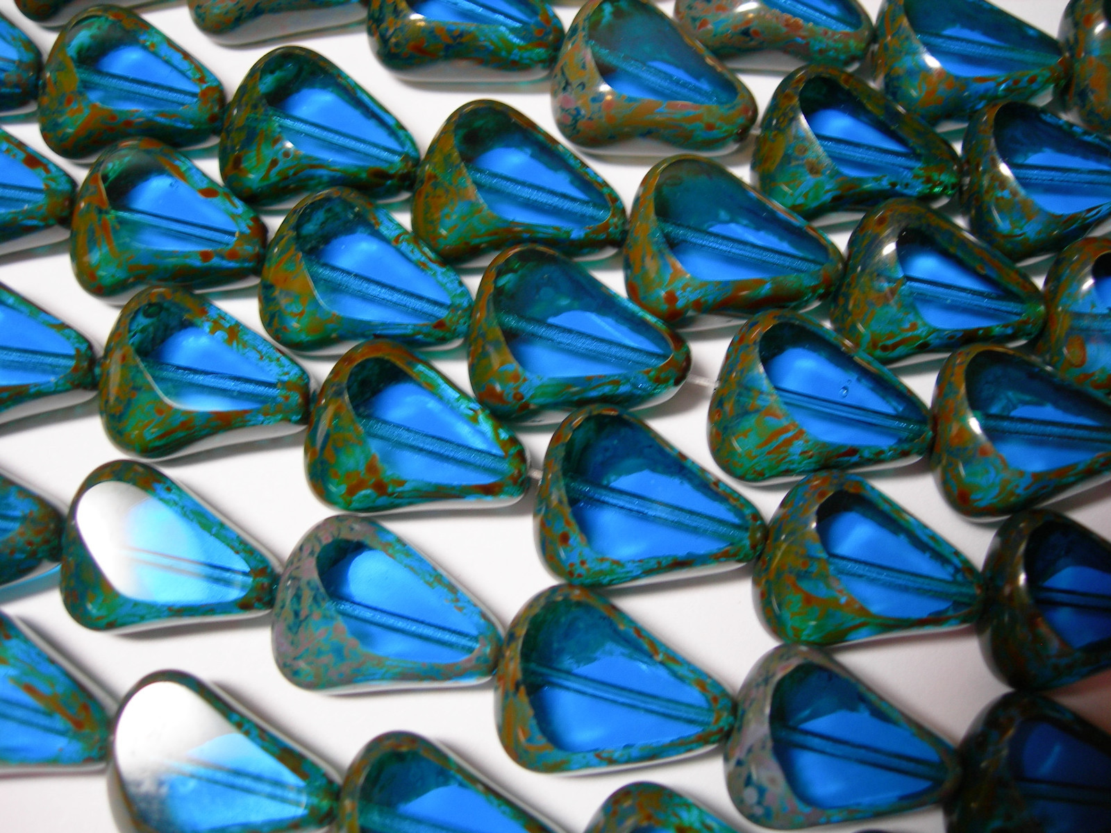 12 Czech Glass Capri Blue Window Cut Travertine Teardrop Beads 15x12mm
