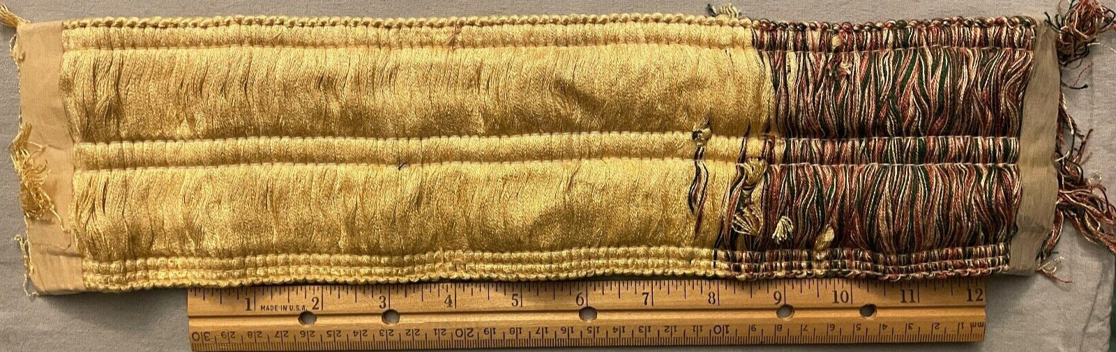 2-TONE FRINGE LOT, 2 pcs. YELLOW/MULTI 1¾” x 15″ (30″); 1¾” x 1 yd – Flaws – #50