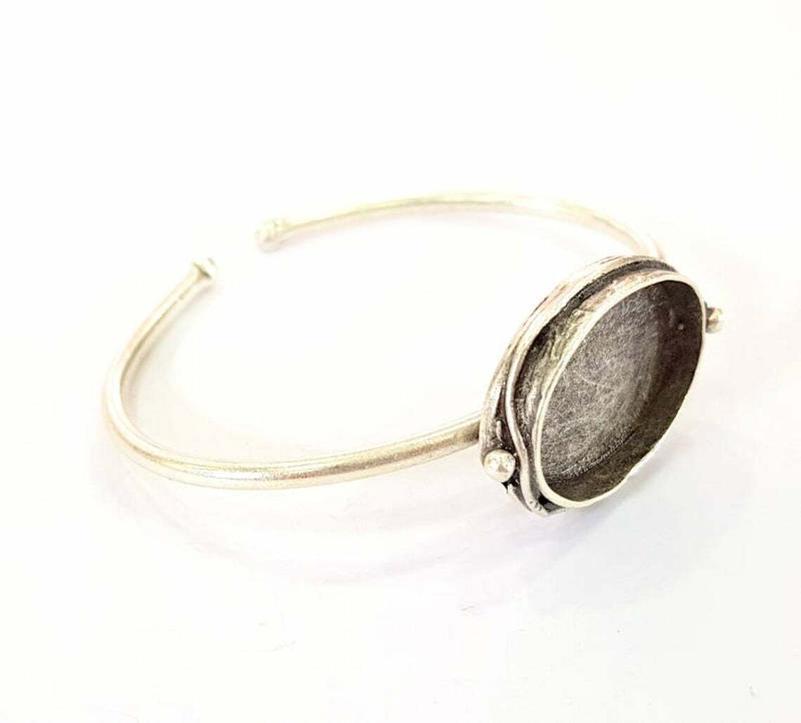 Ethnic Oval Silver Bracelet Blanks Cuff Adjustable Antique Silver Brass G7826