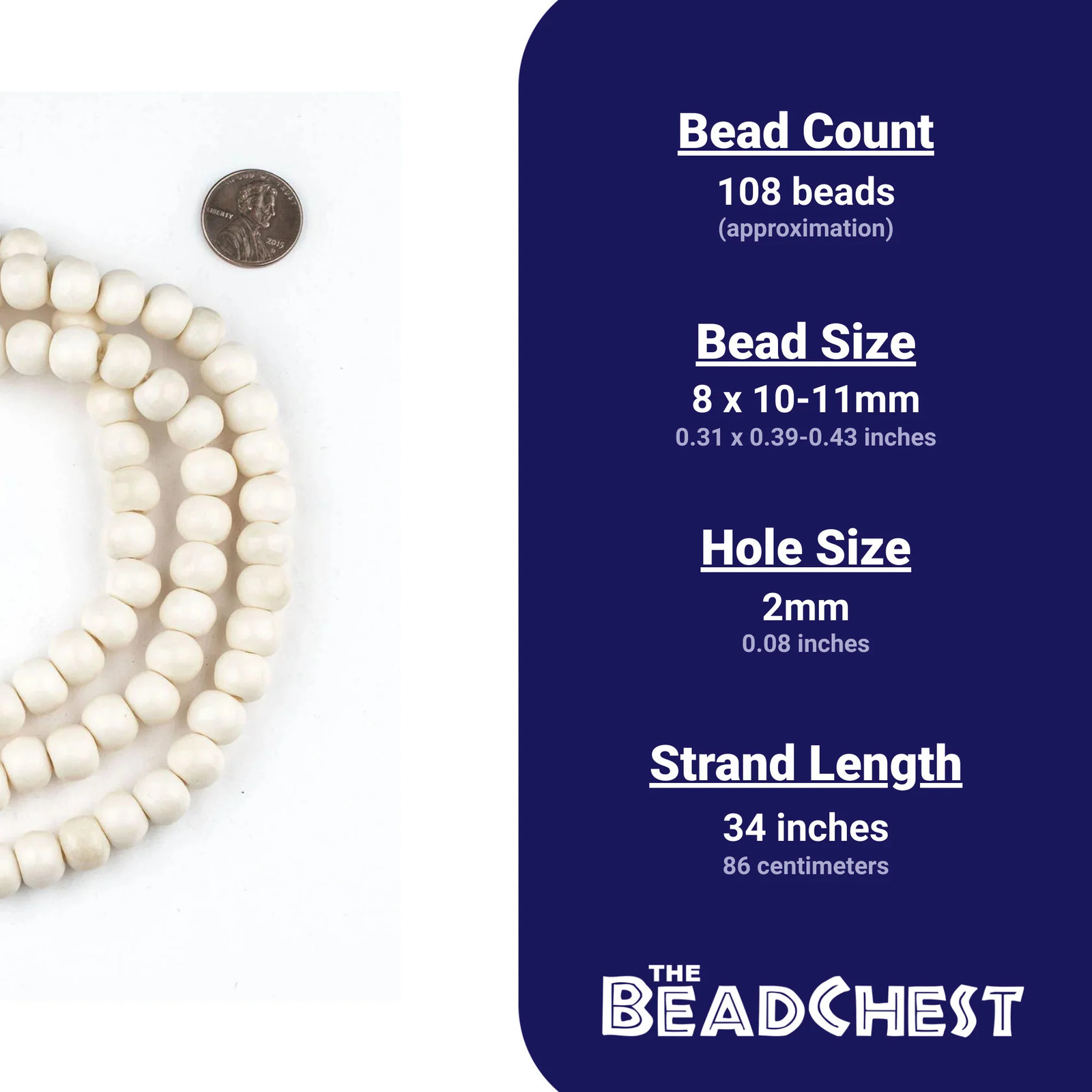 White Bone Mala Beads 10mm Nepal Round Large Hole 34 Inch Strand