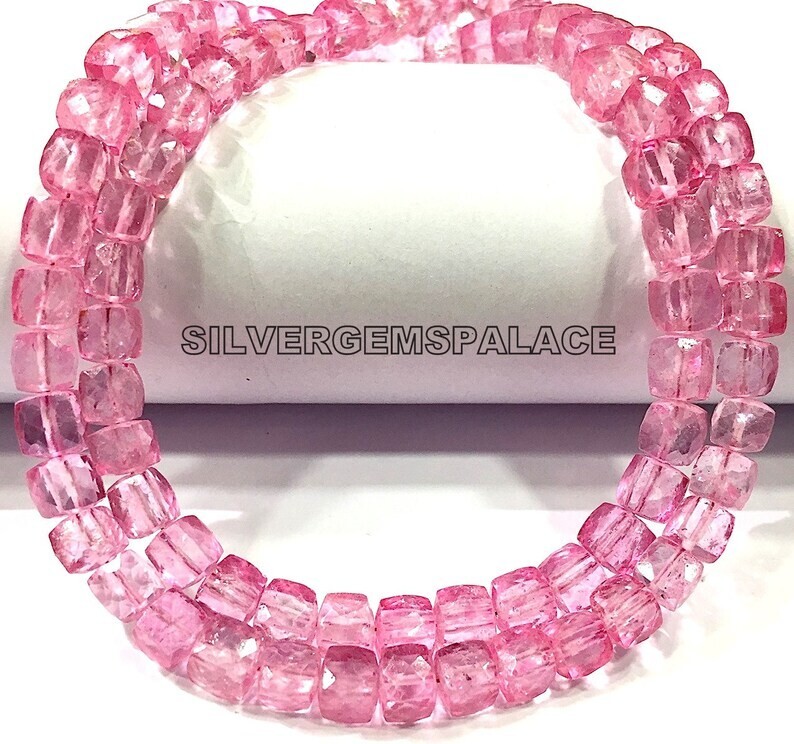 Rare Natural Pink Topaz Faceted Cube Beads 18 Inches Long Necklace Gift For Her