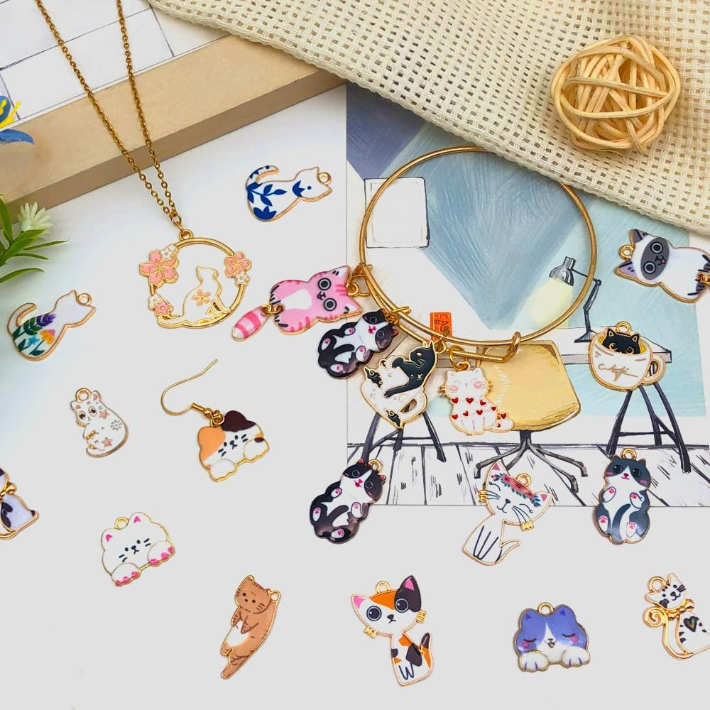 120Pc Assorted Enamel Bracelet Cat Charms for Jewelry Making Crafts DIY Necklace