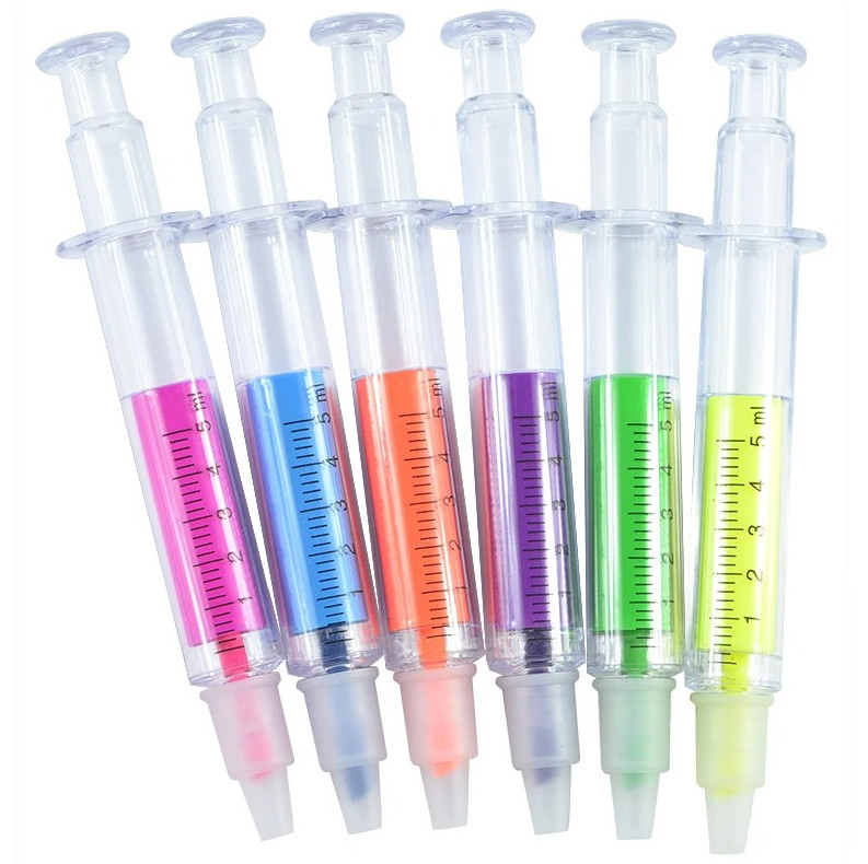 6pcs Kawaii Syringe Highlighter Pens Needle Shape Color Marker Set