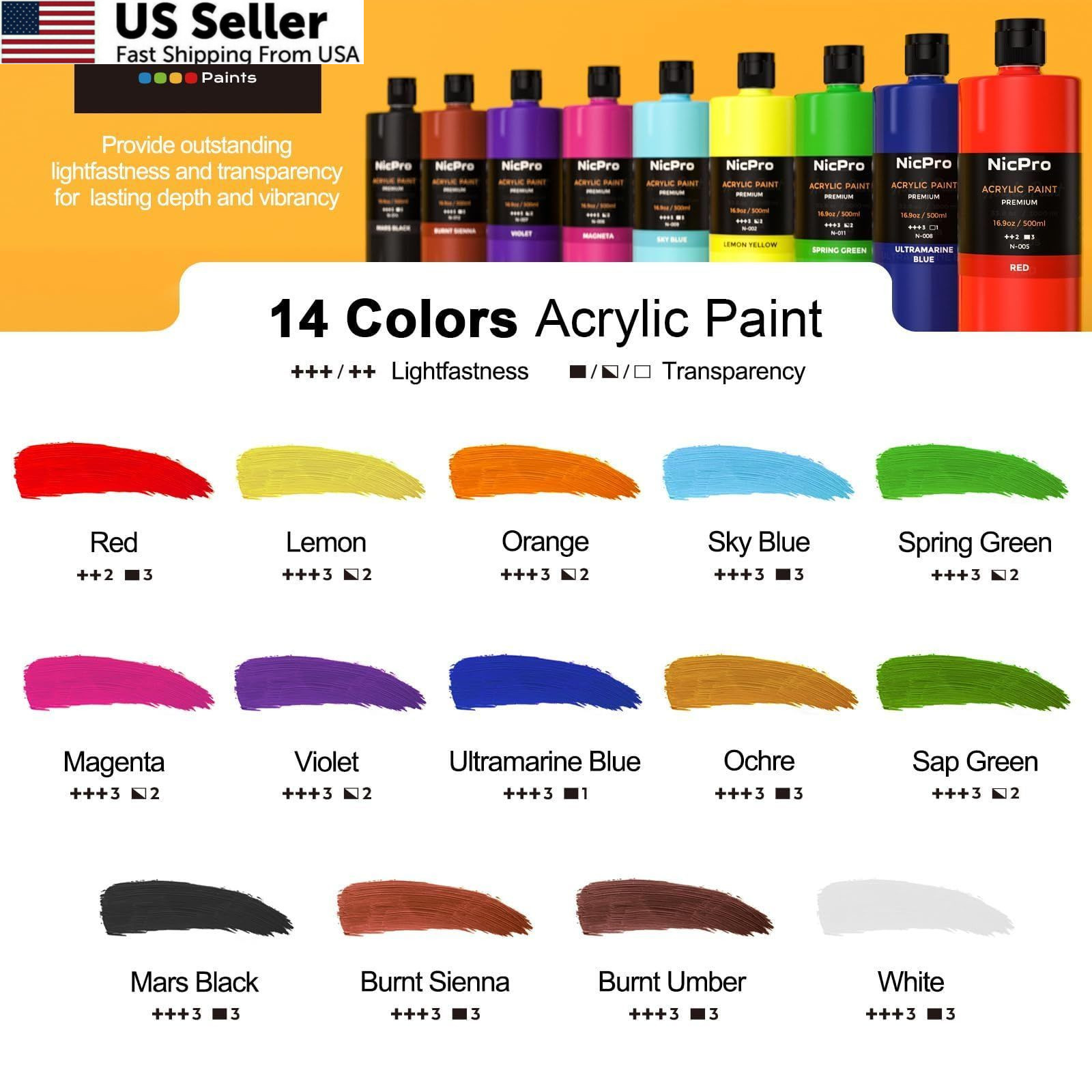 Nicpro 14 Colors Large Bulk Acrylic Paint 16.9 Fl Oz (Pack of 14), 14