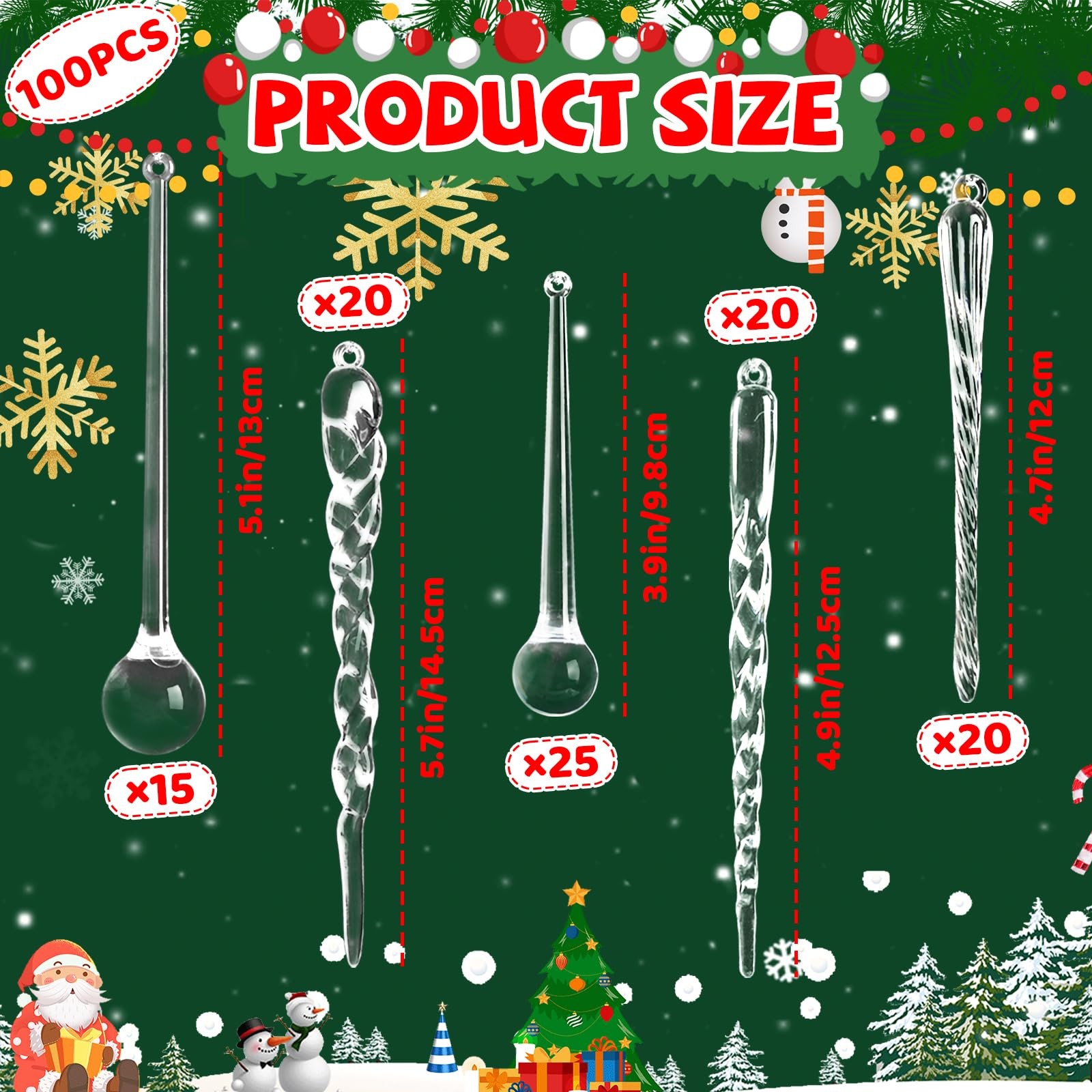 Oumuamua 100 Pcs Christmas Icicle Ornaments For Christmas Tree Decorations