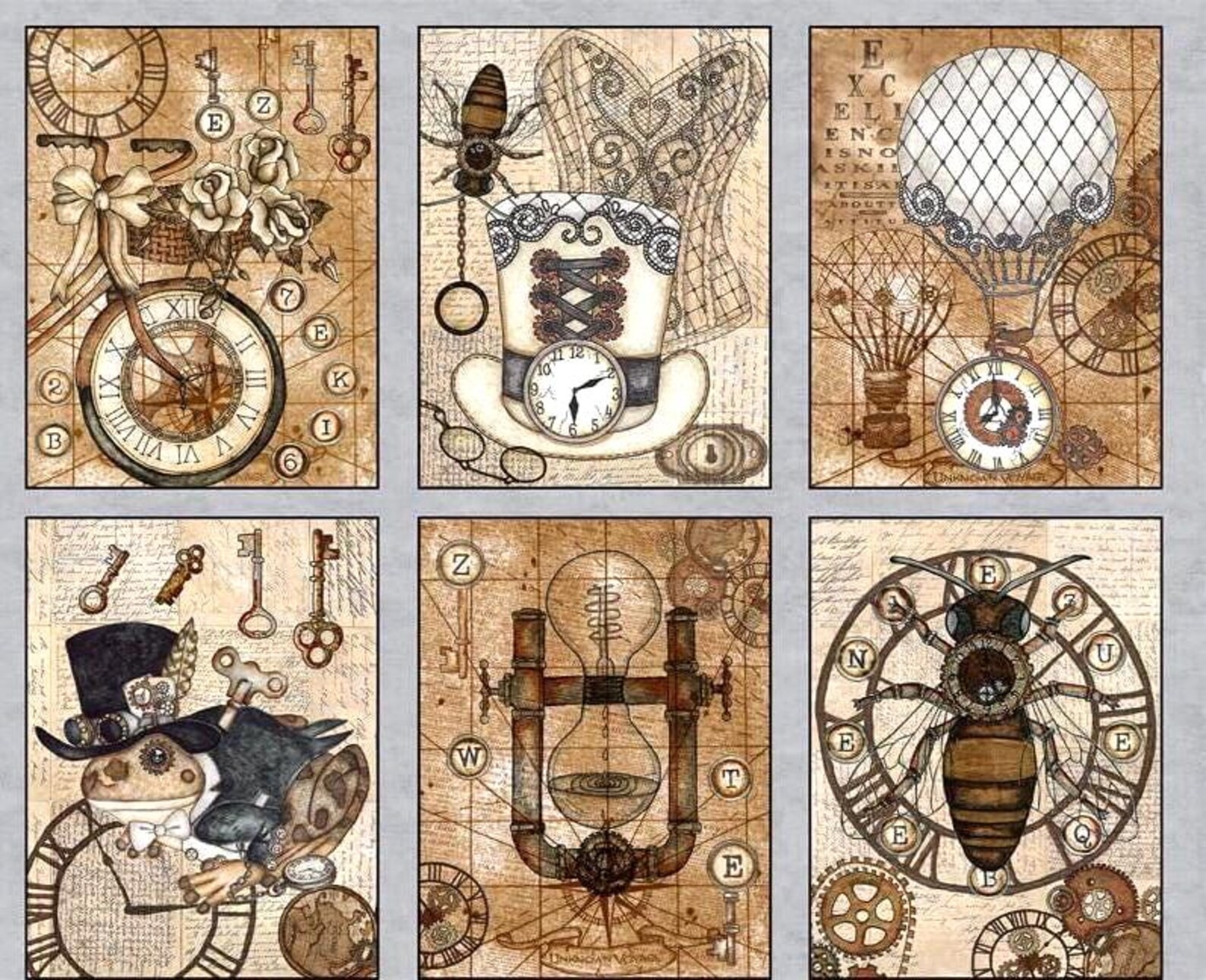 Unknown Voyage Steampunk Quilt Panel by Tana Mueller 12 Block 44″x17″