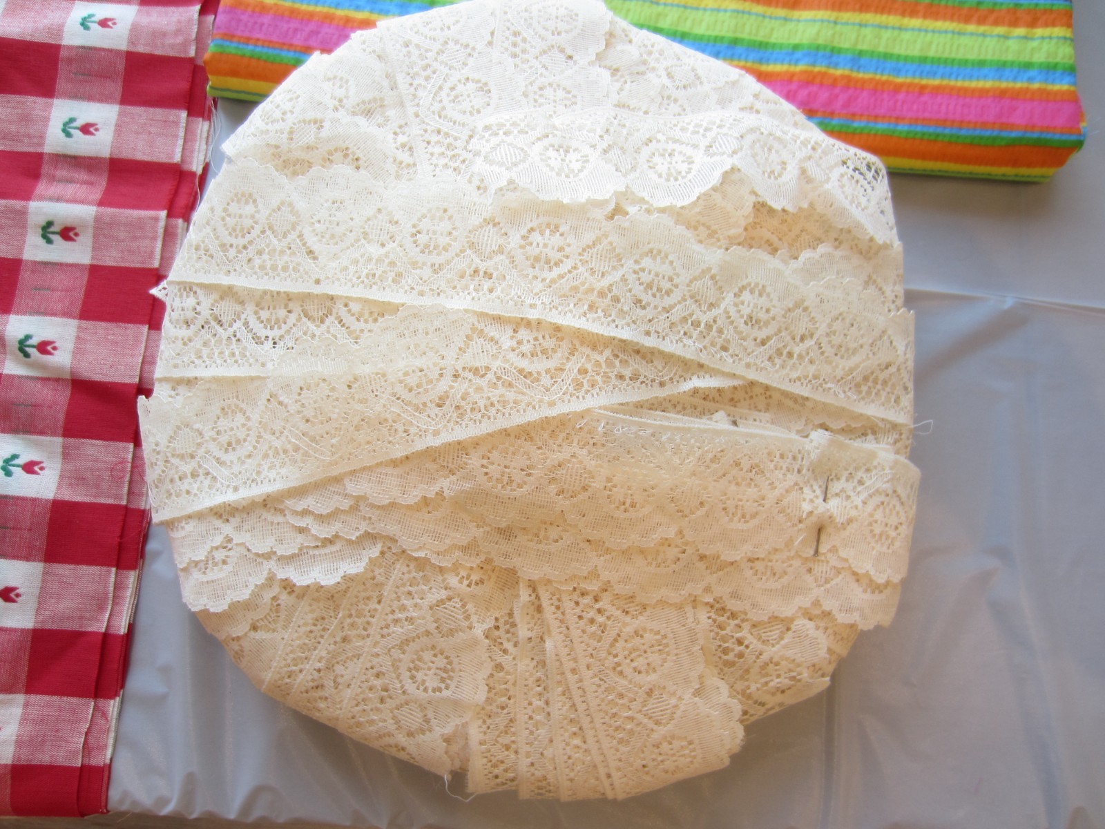 Old Estate Find – Fabric & Lace LOT – Red Gingham Tulip Print Rainbow Stripe