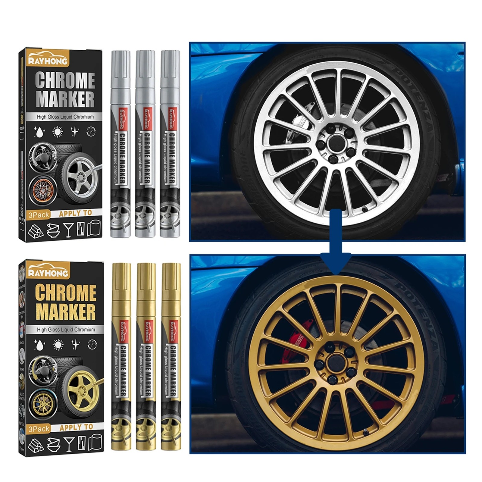 6x Car Paint Pen Liquid Mirror Chrome Marker Set Metal Tire Personality Graffiti