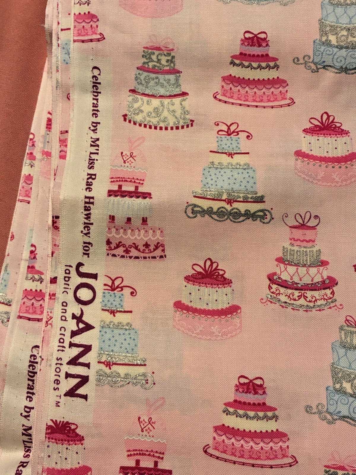 NOS 3 YDS JOANN CELEBRATE BY M’LISS RAE HAWLEY FABRIC PINK TIERED CAKES BIRTHDAY
