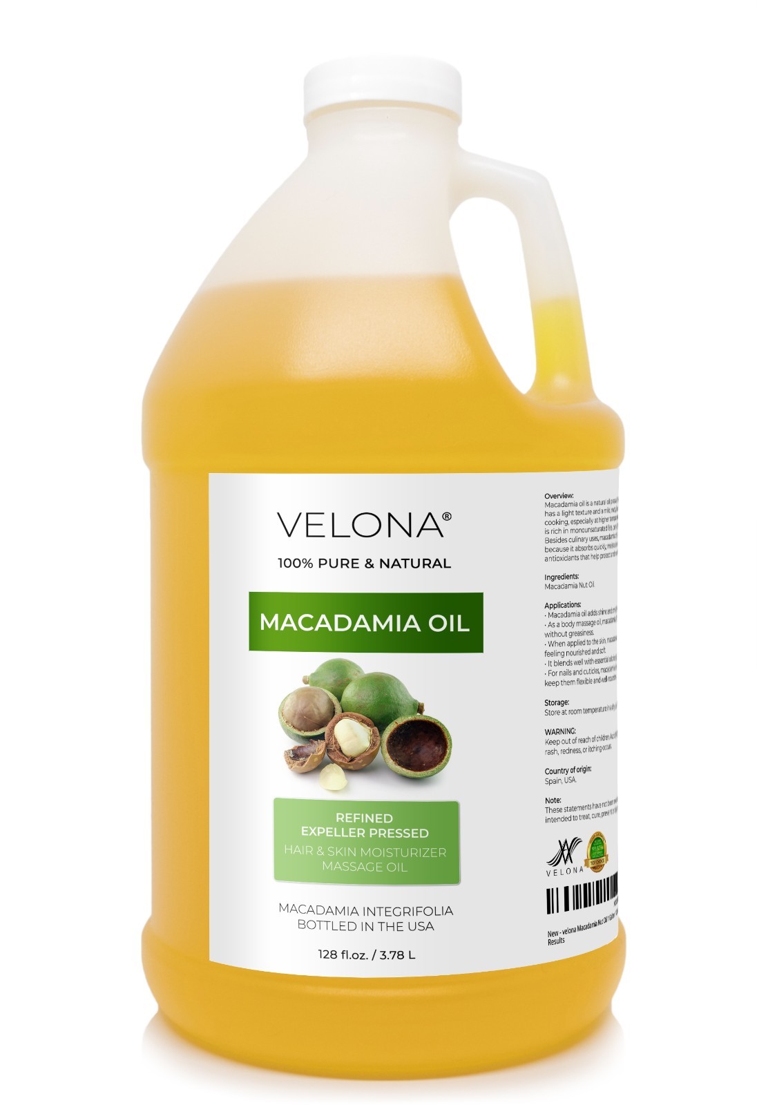 Macadamia Nut Oil By Velona 2oz-7lb Refined Expeller pressed Skin Hair Body Face