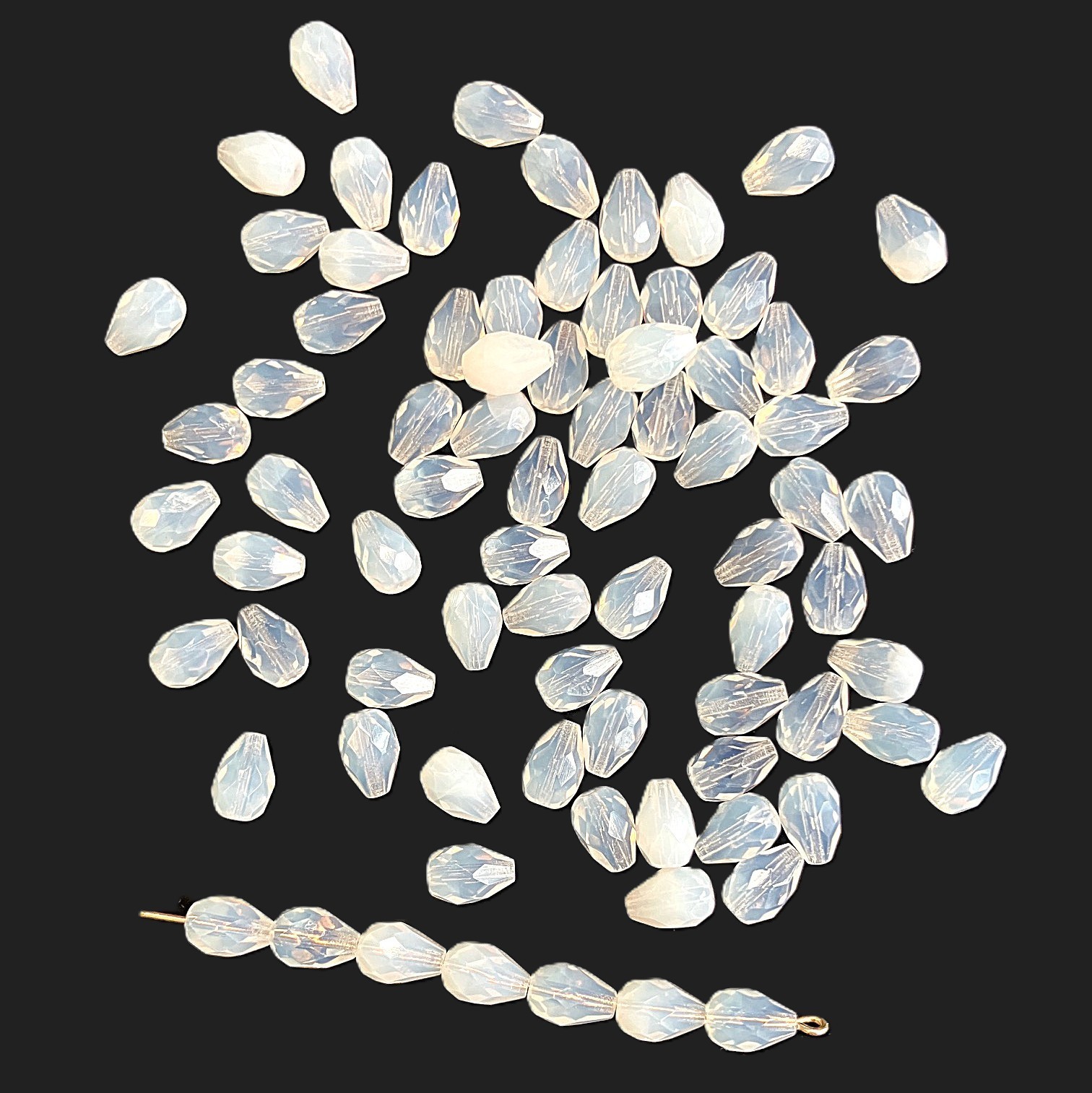 50 Vintage Czech Crystal White Opal Glass Faceted 10x7mm. Teardrop Beads T447