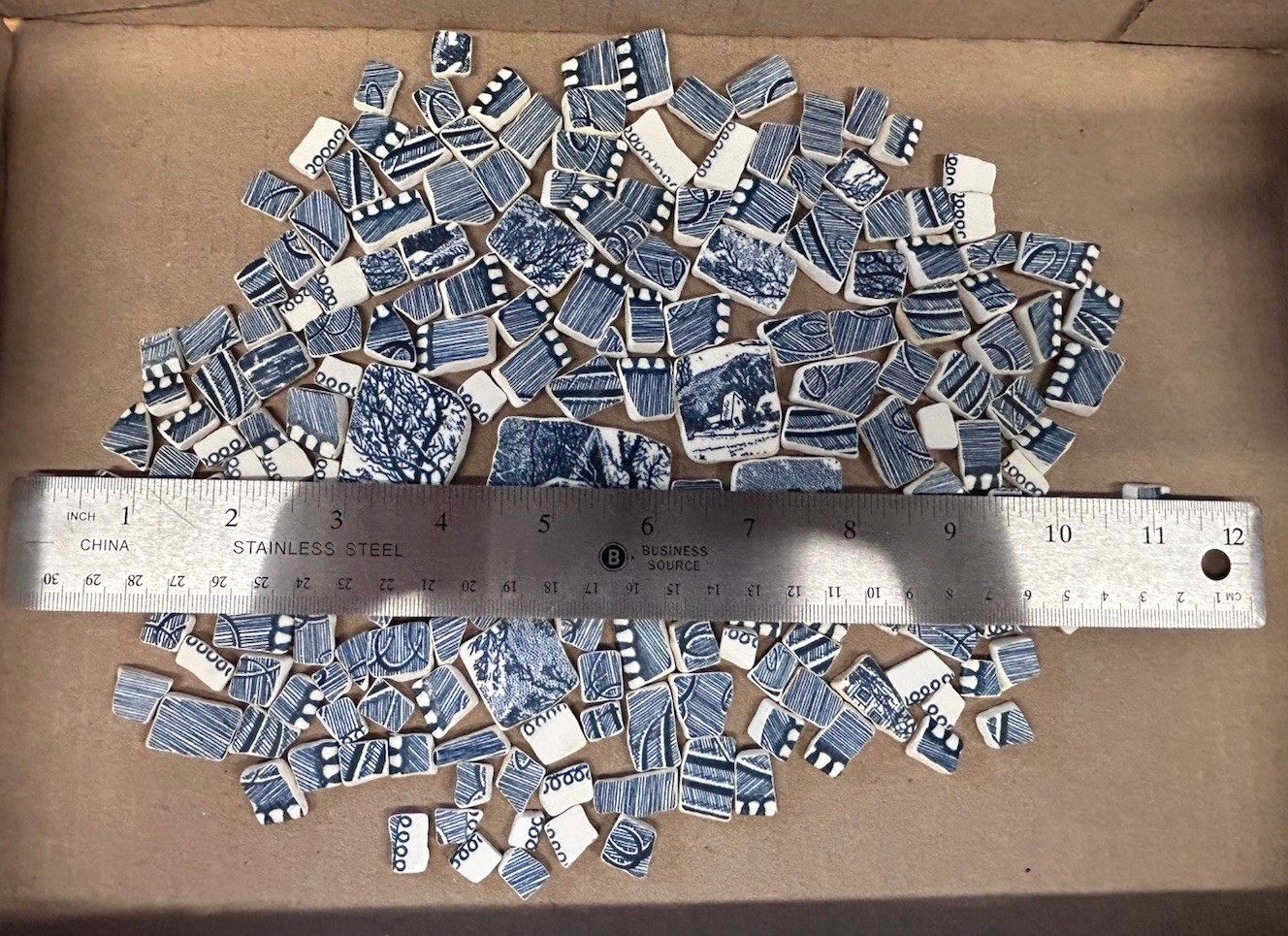 Broken China Hand Cut Plate TUMBLED Mosaic BLUE Currier & Ives