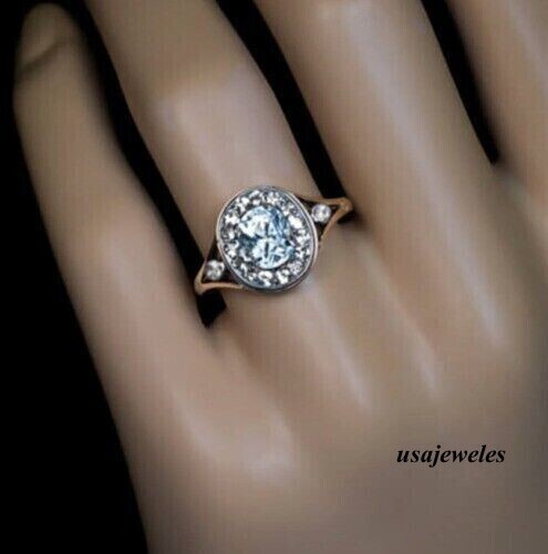 2.90CT Oval Cut Real Aquamarine 14K White Gold Finish Wedding Halo Jewelry Ring